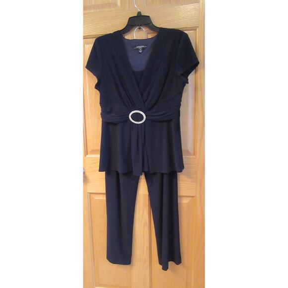 R & M Richards Pants Suit Navy Blue Short Sleeve Rusche'd Embellished Womens 12P - Picture 1 of 14